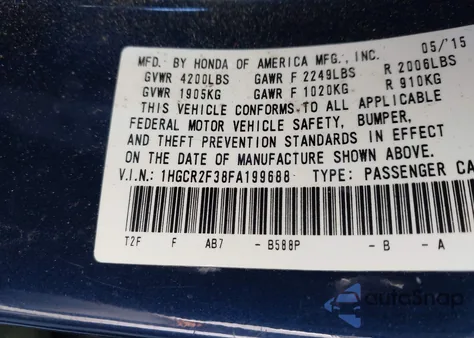 2015 Honda Accord Lx from USA, damaged, VIN 1HGCR2F38FA199688